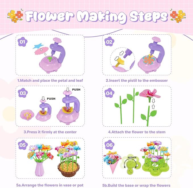 FUNZBO Fabric Flower Bouquets Toys Craft Kit, DIY Arts and Crafts for Kids Ages 4-6-8, Flower Making Toys for 4 5 6 7 8+Year Old Girl Birthday Gifts Ideas, Creative Activity Craft Flowers fot Toddler