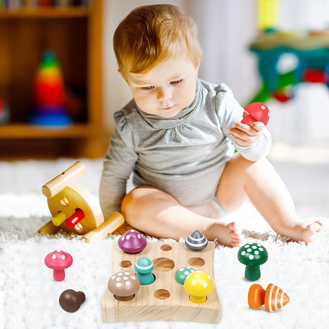 Toddler Toys,Montessori Wooden Sensory Early Educatioanl Learning Fine Motor & Shape Sorter Toy,Matching Games with Mushroom Puzzle,Fun Easter Basket Stuffers Birthday Gift for Boys Girls