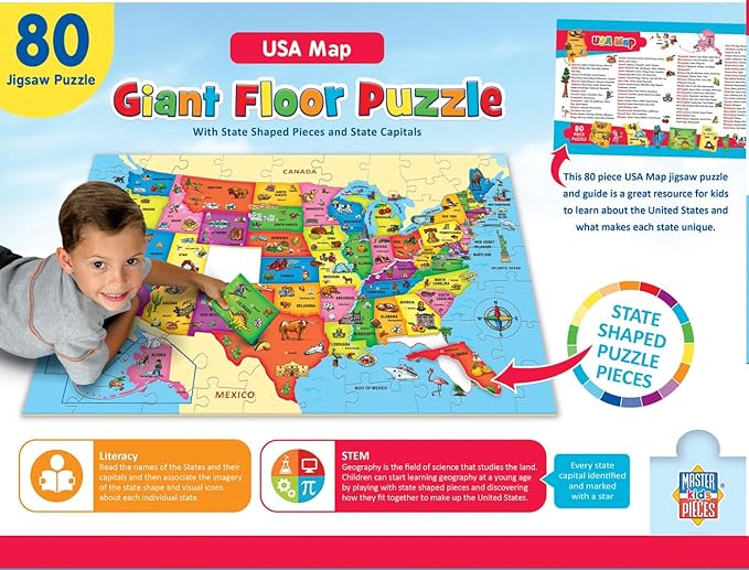 MasterPieces Floor Puzzle - Jumbo Size 80 Piece Jigsaw Puzzle for Kids - USA Map Shaped Puzzle - 3ftx2ft