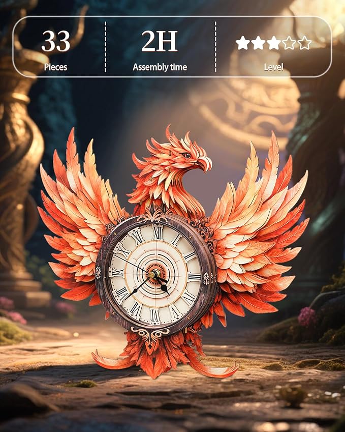 3D Wooden Puzzles for Adults, 3D Puzzle Fire Phoenix Clock Kit (with Pendulum), 3D Puzzles for Adults Teens Home Wall Decor Clock Puzzle Gifts for Adult