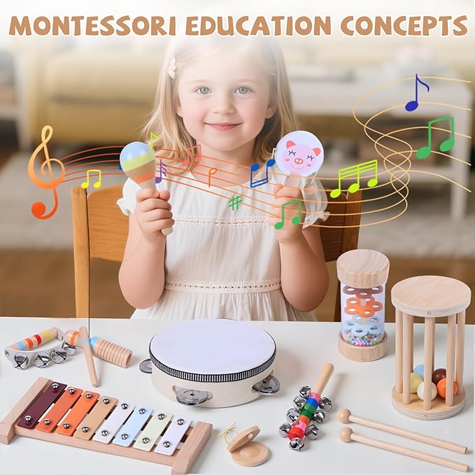 Baby Musical Instruments Set, Montessori Natural Wooden Percussion Instruments for Kids Preschool Educational Musical Toys Set with Wooden Puzzles for Toddlers 4-6, CPC Certified Music Toys