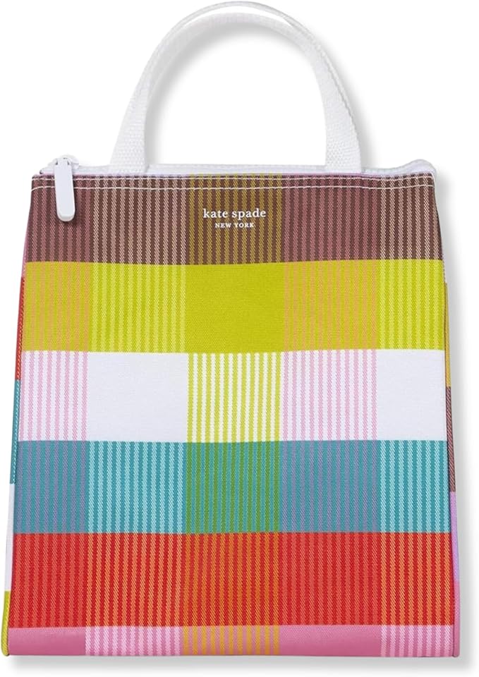 Kate Spade New York Portable Soft Cooler Lunch Bag with Silver Insulated Interior Lining and Storage Pocket, Rainbow Plaid