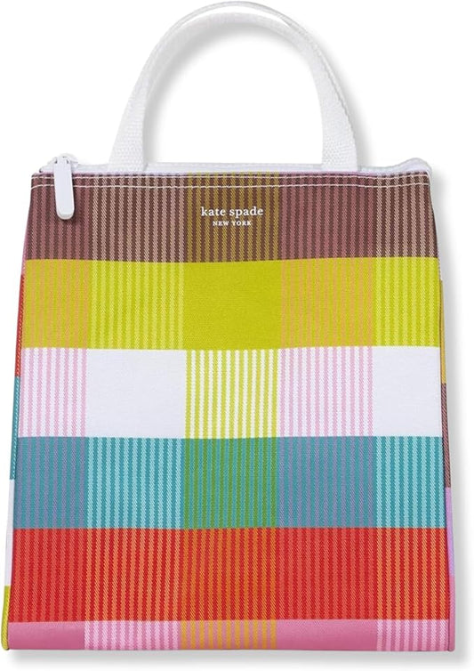 Kate Spade New York Portable Soft Cooler Lunch Bag with Silver Insulated Interior Lining and Storage Pocket, Rainbow Plaid