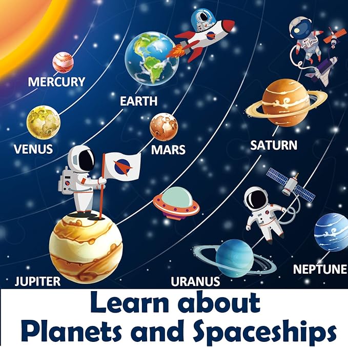 iPlay, iLearn Floor Puzzles for Kids Ages 3-6, Jigsaw Puzzle for kids Ages 4-8, Toddler Large Wooden Learning Toy, Educational Round Planets, Solar System Birthday Gift for 5-7 Year Old Boy Girl Child