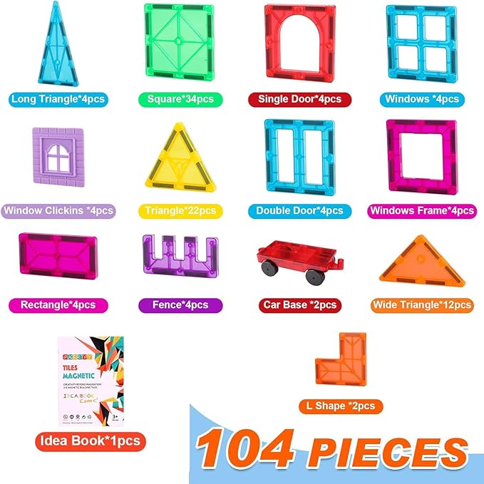 104PCS Magnetic Building Tiles, STEM Educational Stacking Blocks, Construction Toys for Kids Ages 3-9, Creative Toddler Boy Girl Christmas Birthday Gift