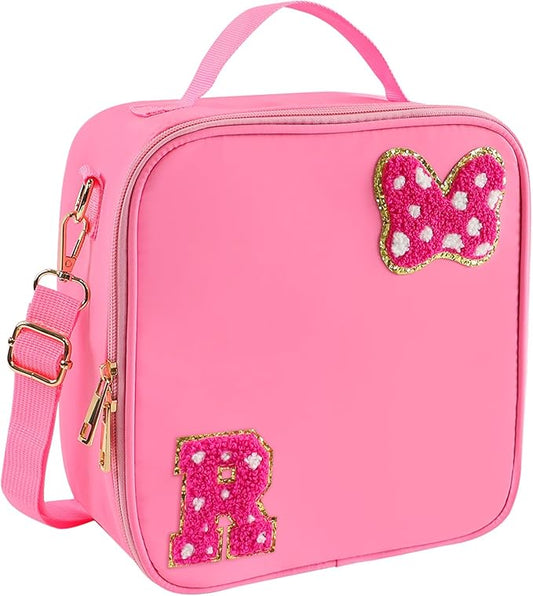 Preppy Initial Bow Mouse Lunch Bag, Kids Insulated Lunch Box Gifts for Teen Girls Daughter, Reusable Soft Lunch Containers Crossbody Cooler Bag Must Haves for Park Travel School Work Picnic Pink R
