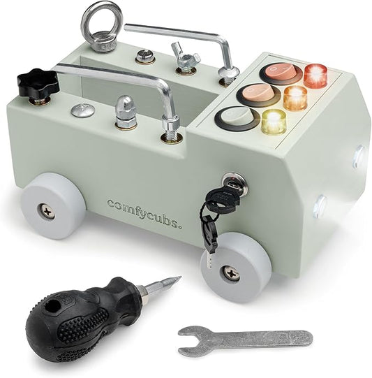 Comfy Cubs Busy Board Toy Truck Set - Fun & Noise-Free, Pine Wood Activity Board for Toddlers with LED Light Switch - Designed in The US, Focused & Engaging Montessori Play for Kids 3+ (Sage)