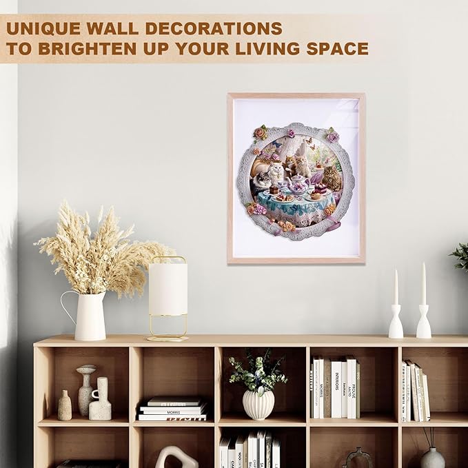 Jigfoxy Wooden Puzzles for Adults, Cat’s Tea Time Wood Puzzles Adult, Unique Animal Shape Wooden Jigsaw Puzzles for Adults, Birthday Gifts for Puzzle Lovers, Family, Friend (M-11.4 * 11.4in-195pcs)