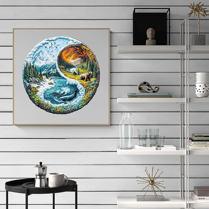 Wooden Puzzles for Adults - Yinyang Glacial Forest Wood Puzzles Adult - Unique Animal Shape Wooden Jigsaw Puzzles for Adults - Birthday Gifts for Puzzle Lovers, Family (8.5 * 8.5in)