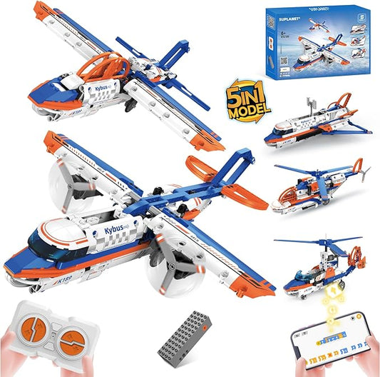 5 in 1 Airplane Building Block Set with APP & Remote Control STEM Toy,DIY Aircraft Building Kit Rechargeable Airplanes Model Toys Gifts for Boys Age 8-14 (325 PCS)