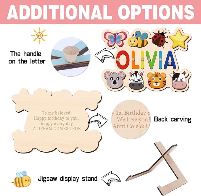 Name Puzzle for Kids Personalized, Custom Wooden Name Animal Puzzle, Montessori Learning Toys for Toddler 1-3, First Birthday Gifts for Girls&Boys