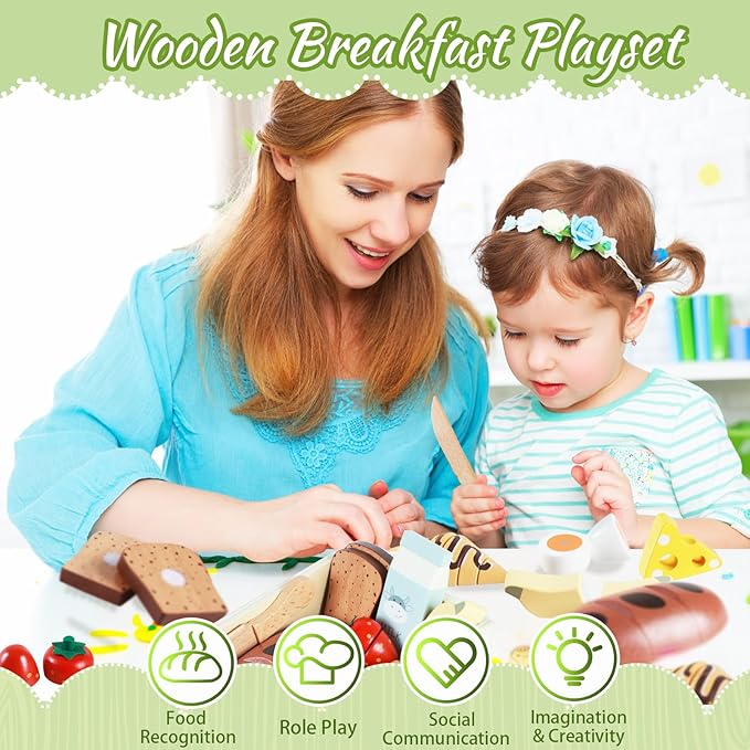 Wooden Bakery Toy Food Breakfast Set for Kids,Pretend Play Food Kitchen Accessories with Crates,Fake PlaySets Montessori Toys,Toddlers Cutting Food Gift for Boys and Girls Ages 3+