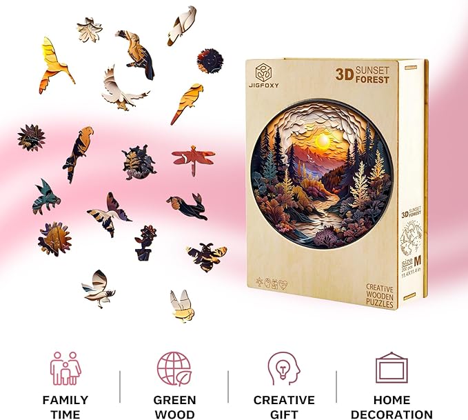Jigfoxy Wooden Puzzles for Adults, Visual 3D Sunset Forest Wood Puzzles Adult, Unique Animal Shape Wooden Jigsaw Puzzles for Adults, Birthday Gifts for Puzzle Lovers, Family (L-13.4 * 13.4in-300pcs)