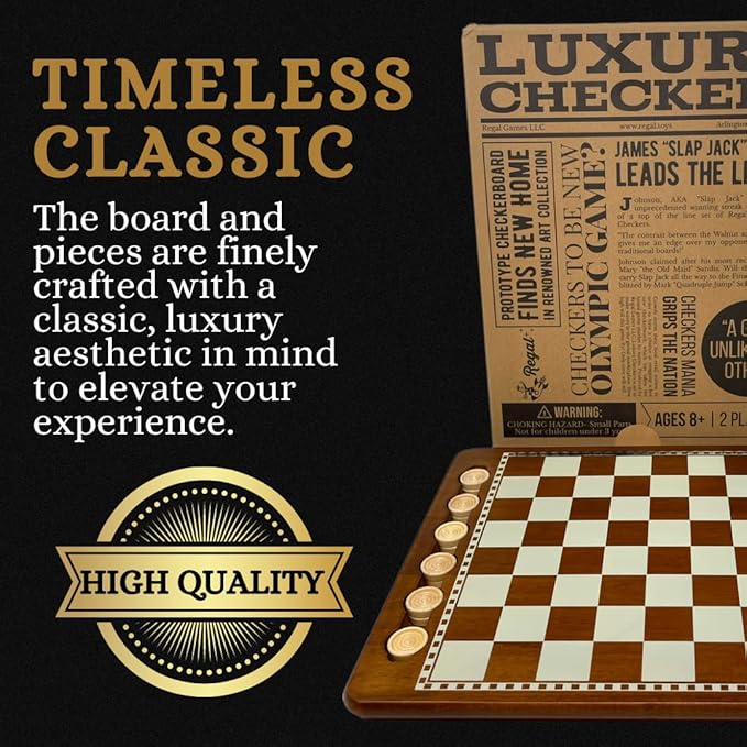Regal Games Luxury Checkers Board Game for Adults & Kids - Classic Wooden Board Game Set with 24 Checkers Pieces - Travel and Portable Table Games (Ages 8+)