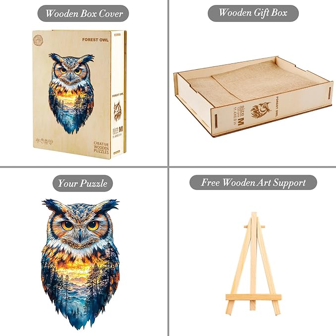KAAYEE Wooden Puzzles for Adults, 3D Visual Effect Forest Owl Wooden Jigsaw Puzzle Unique Shape Wood Puzzle Adult, 3D Effect Flat Puzzle Birthday Family Games (M-11.4 * 6.9in-120pcs)