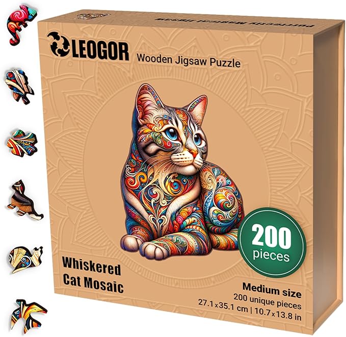 LEOGOR Wooden Jigsaw Puzzles for Adults 200 Pieces (10.7 × 13.8 in), Cat Puzzle, Extra-Thick 5mm Wood, Vibrant Mosaic Design, Relaxing Artistic Gift for Adults and Teens