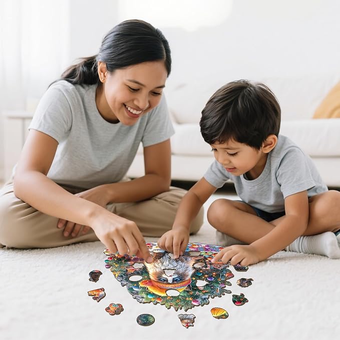 Wooden Puzzles for Adults - Christmas Cat Wooden Jigsaw Puzzle 86 pcs - Unique Animal Shape Wood Cut Puzzles - Eco-Friendly Home Office Decor (8.4 * 7.4in)