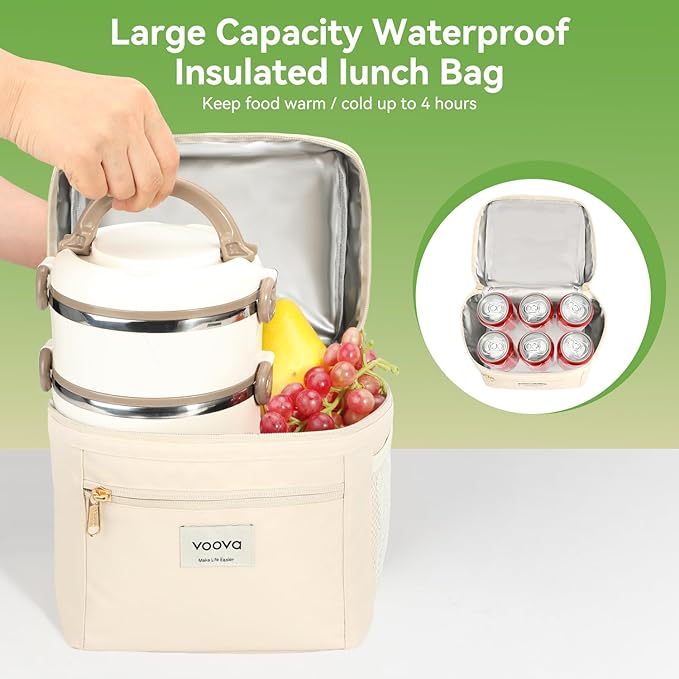 Voova Stackable Stainless Steel Thermal Lunch Box with Lunch Bag for Women Men Adult, 2 Tier Leakproof & Microwave Safe Insulated Bento Boxes Food Container for Work School, Beige