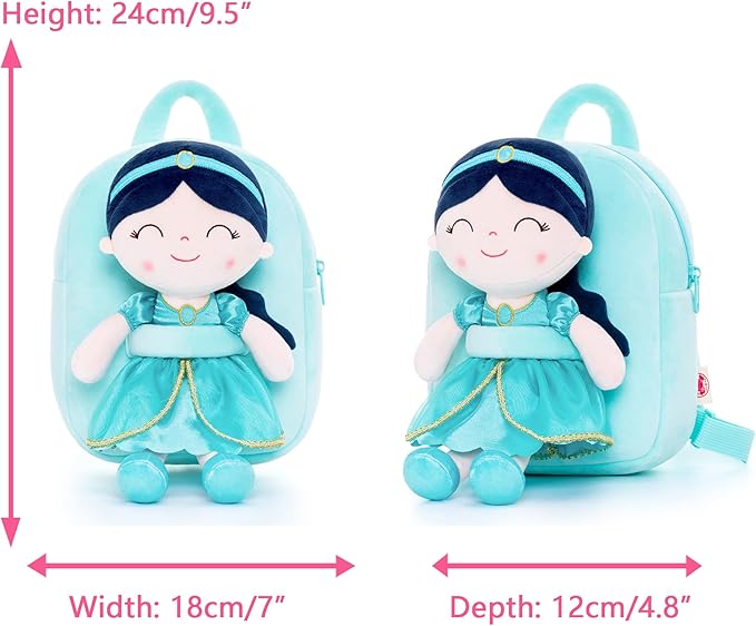 Gloveleya Back to School Gifts for Girls Toddler Backpack for Girls Kids Backpacks Soft Girl Toys Plush Baby Girl Gifts with Plush Princess Jasmins Doll Aqua 9"