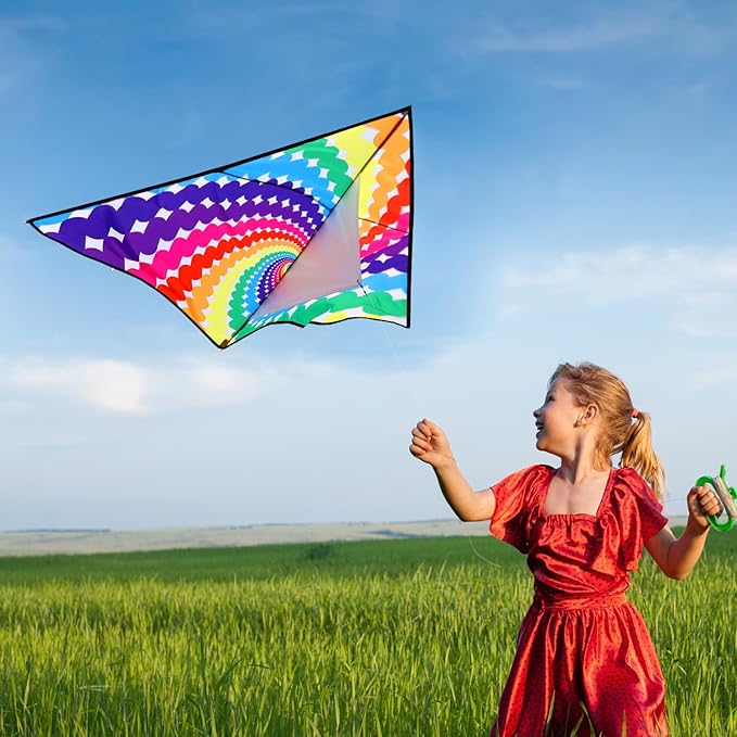 HONBO Large Delta Kite for Kids & Adults,Extremely Easy to Fly Kite for Beach Trip,String Line Included,with Colorful Tail,Perfect for Beginners