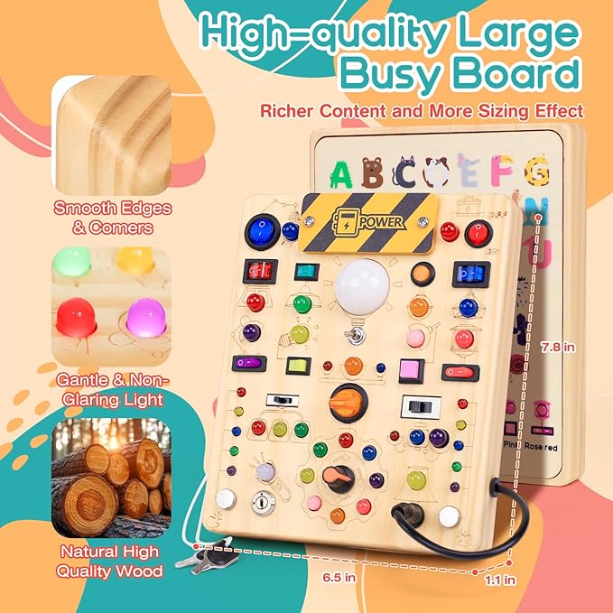 RichBoy Busy Board for 1-3 Year Old, 59 in 1 LED Light Up Wooden Sensory Montessori Switch Board Toy for Toddlers Travel Gift (7.8" x 6.5")