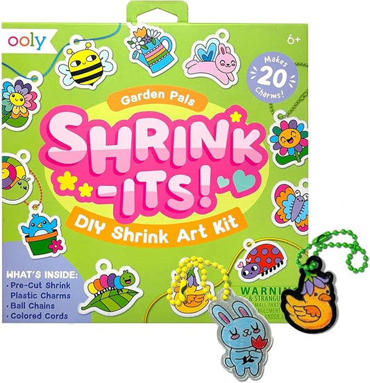 Ooly Shrink-Its 28 PC DIY Shrinking Art Kit That Creates Charms and Tags, Includes 20 Plastic Pre Cut Charms and More No Mess Art for Kids, DIY Gifts for Kids, Ideal Party Favor - Garden PALS
