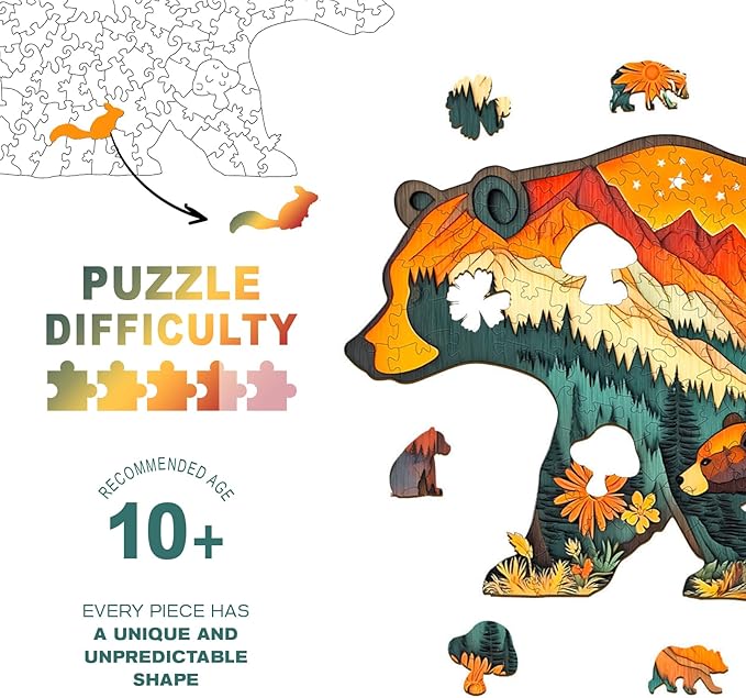 Wooden Puzzles for Adults - Bears in The Forest Wooden Jigsaw Puzzle, Unique Animal Shaped Wood Puzzles Adult, Christmas Birthday Gifts for Friends/Family, Home Decor 13.1 * 7in 160pcs