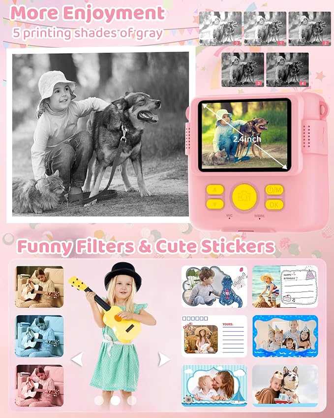 Instant Print Camera for Kids with 3 Rolls of Printer Paper, 1080P Toddler Digital Camera Toys for Age 3-12 with 32GB SD Card, Christmas & Birthday Gifts for 3 4 5 6 7 8 Year Old Girls & Boys (Pink)