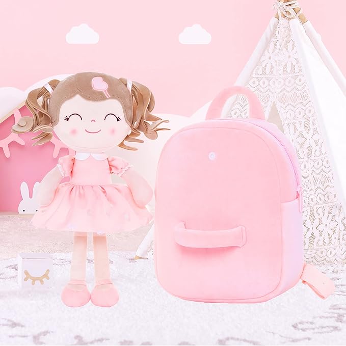 Gloveleya Toddler Backpack Baby Girl Gifts Plush Bag Diaper Bag with Spring Girls Doll Curly Hair Girl Toys with Love Pink 9 Inches