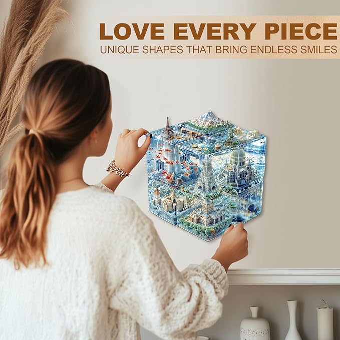 WOODBESTS Wooden Puzzles for Adults, Cube City Wood Puzzles Adult(90 Pieces, S, 8.5 * 7.8in), Unique Shape Wooden Animal Jigsaw Puzzles, Birthday Gifts for Adults Family Game