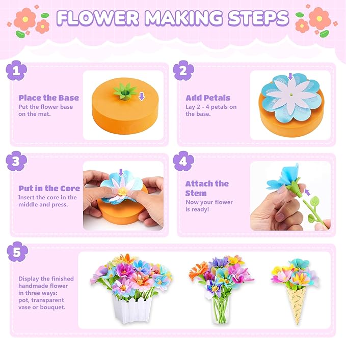 Fabric Flower Bouquets Toys - Flower Making Kit for Kids - DIY Flower Craft Kit, Gifts for 3 4 5 6 7 8 9 10 11 12 Year Old Girls, Preschool Learning Educational Activity Birthday Gifts Party Favors