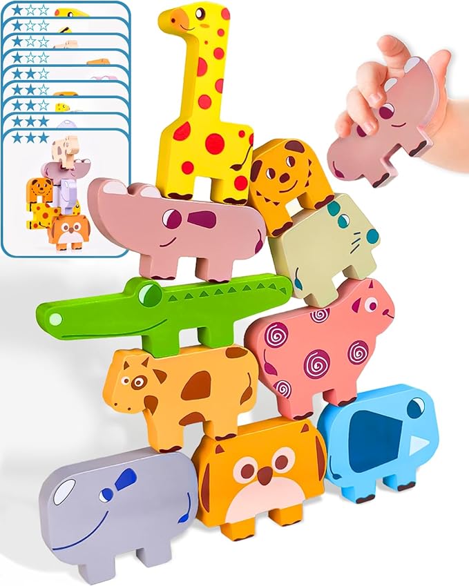 Cowcowcow Montessori Toys for 1 2 3 4 Year Old Boys Girls, Toddler Toys Age 2-4, 1 2 3 4 Year Old Girl Boy Birthday Gifts, 10 pack Wooden Animal Blocks Sorting & Stacking Education Toddler Puzzles Toy