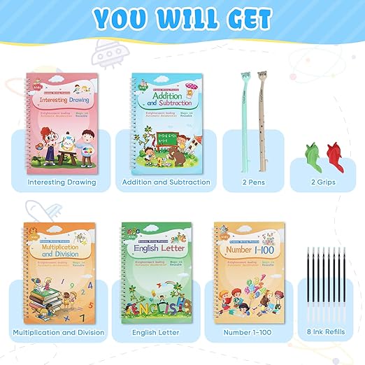 Magical Handwriting Workbooks Handwriting Practice Copybook, Handwriting Aid Magic Pen Reusable Copybook Grooves Template Design for Children Books Suitable for Children's Learning (6)