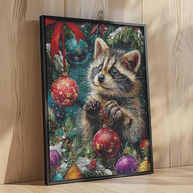 Christmas Eve 1000 Piece Jigsaw Puzzles for Adults Raccoon Playing with Xmas Balls Painting Jigsaw Puzzle 1000 Animal/Wildlife Puzzles 20''x27”inch DIY Craft Puzzle Art Wall Decor Family Challenging