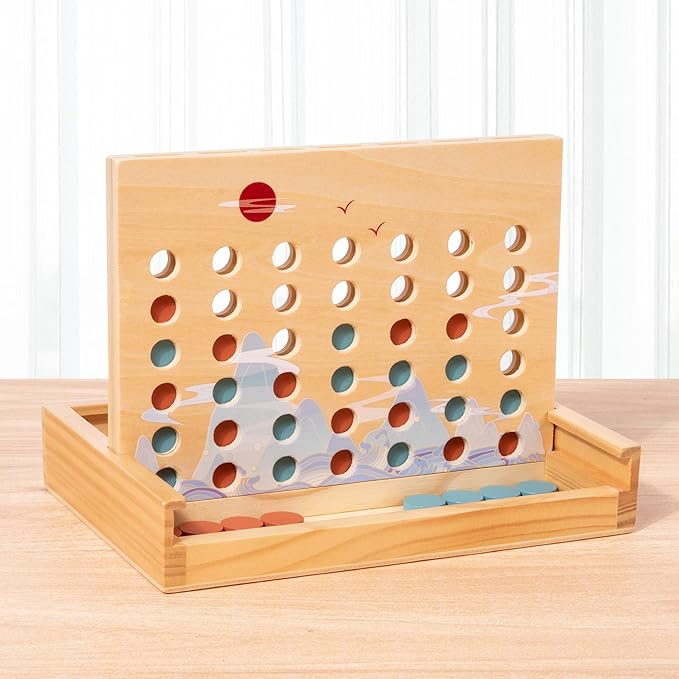 Wooden 4 in a Row Game - Classic Strategy Game for Adults Children-Connecting 4 Same Color Connection Rows- Travel Game Family Checkerboard Game Toys Adult Gift with Unique Printed Patterns.