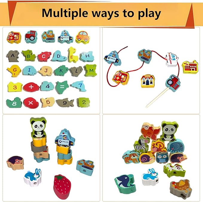 Montessori Wooden Lacing Beads for Kids,42 Pcs Preschool Activities String Car Animals Vegetables Beads Toys,Educational Threading Learning Beads Toys for Toddler 3 4 5 6 Year Old Boys Girls