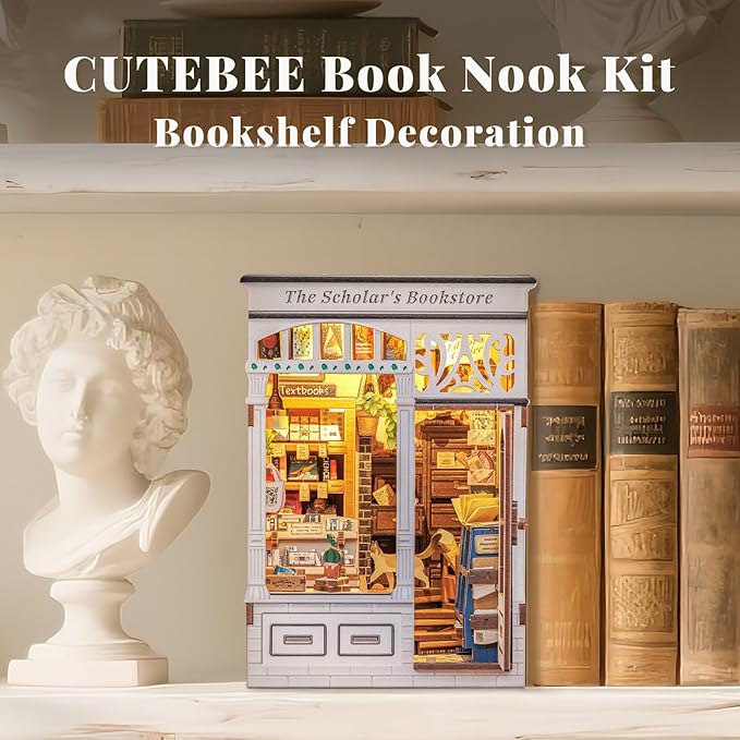 CUTEBEE DIY Book Nook Kit, Miniature House Kits for Adult and Teens, DIY Miniature Book Nook kit with Sensor Led Light, Gifts for Lovers and Family (The Scholar's Bookstore)
