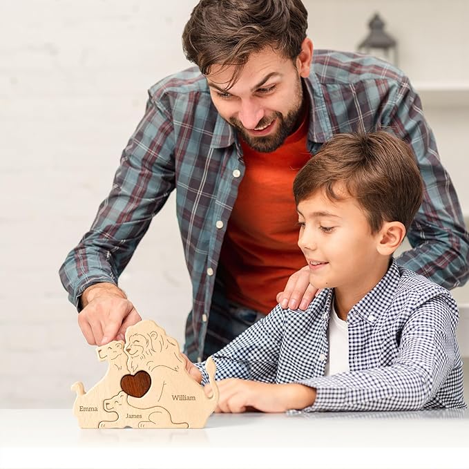 Wooden Lion Family Puzzle, Personalized Puzzles with 2-5 Names, Mothers Day Birthday Gifts for Women Men, Customized Home Decor Housewarming Gifts for Parents Couple Friends