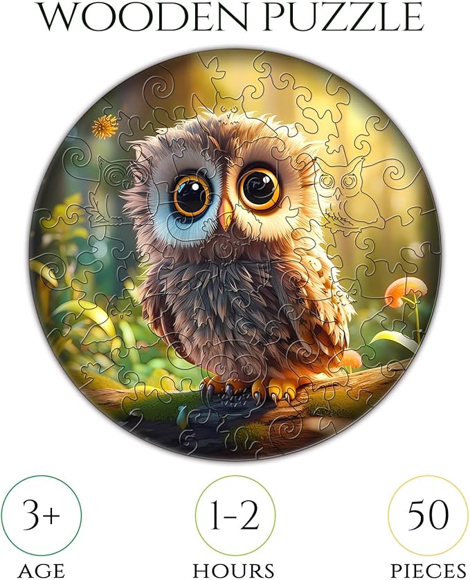 Christmas Birthday Gifts for Kids Girls Boys, Wooden Jigsaw Puzzles for Kids Ages 4-6, 50 Piece Unique Shape Animal Theme Puzzle - Preschool Learning Educational Toys for Kid 3+ (owl)