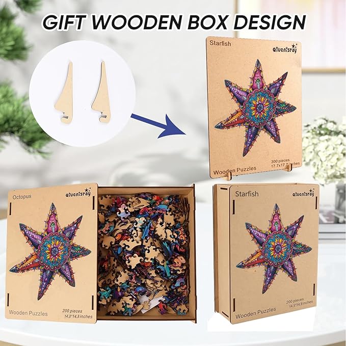 Wooden Puzzles for Adults 500 Piece, Starfish Ocean Jigsaw Puzzles Royal Unique Shape Adult Puzzles, Irregular Wood Puzzles Creative Gift for Adults and Kids Family Game (20.3x20.3 in)