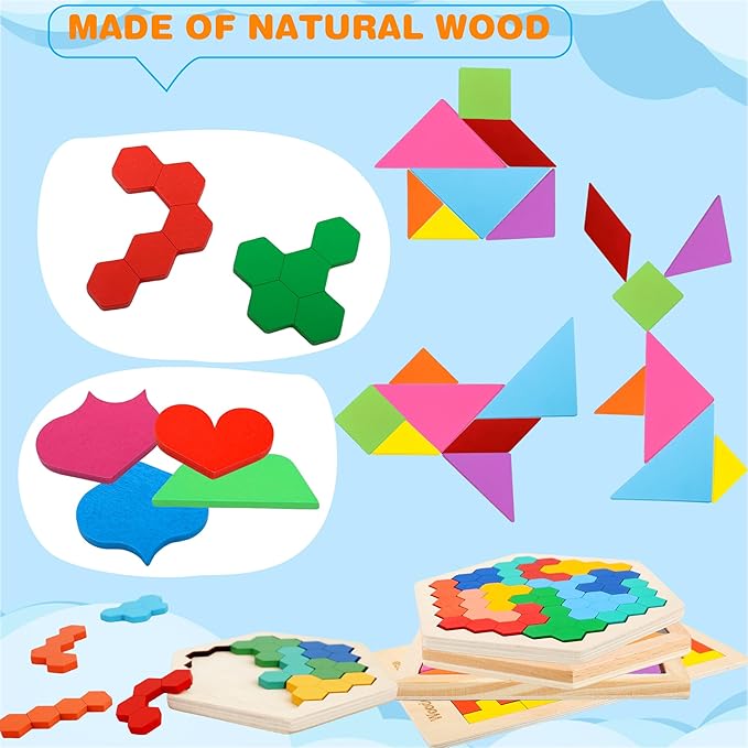 7 Pack Wooden Tangrams Puzzle Set Wooden Hexagon Puzzles Wood Russian Blocks Geometric Block Brain Teaser for Kids Adults 3D Logic Intelligence IQ Game Gift