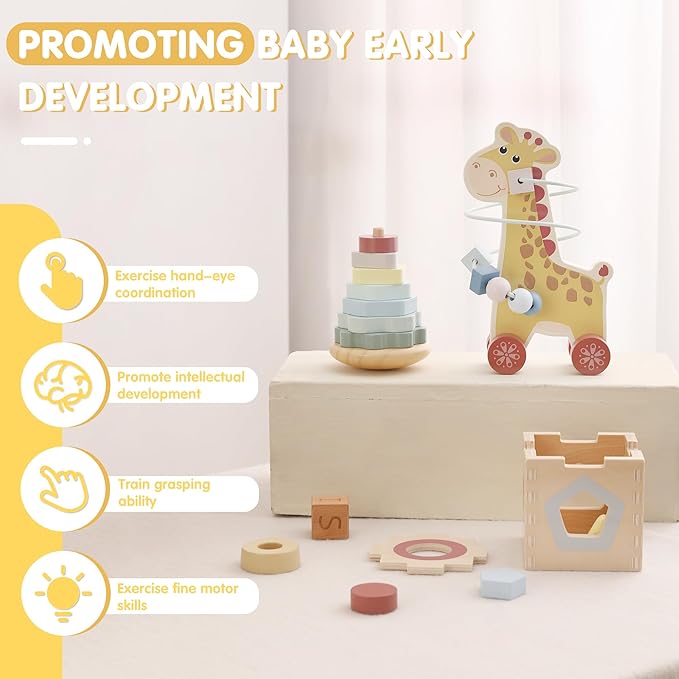 FReniland Montessori Toys for 1 Year Old，3-in-1 Wooden Baby Toys，Wooden Stacking Toy，Toddler Shape Sorting Cube, Giraffe Ring Toy,Newborn Baby Gift Sets for Boys and Girls