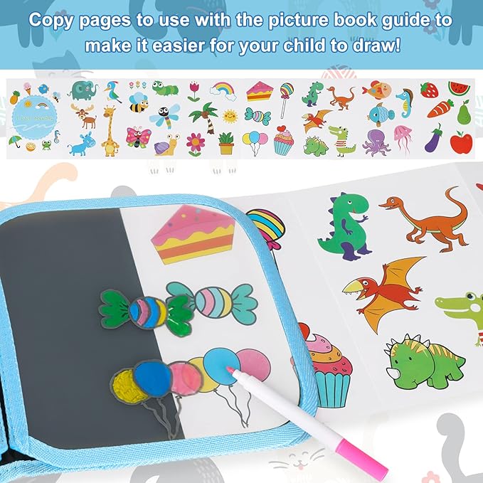 Erasable Doodle Set for Kids - Magic Drawing Book With 12 Watercolor Pens, 14 Pages - Road Trip Car Game Writing Painting Set for Boys and Girls (Arch Bridge Cat)