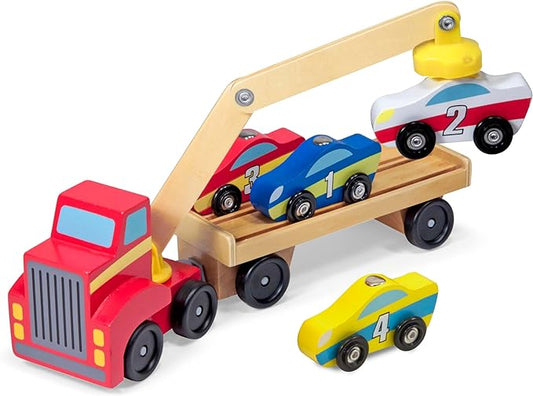 Melissa & Doug Magnetic Car Loader Wooden Toy Set with 4 Cars and 1 Semi-Trailer Truck Crane Wooden Toy, Vehicle Toys for Kids Ages 3+