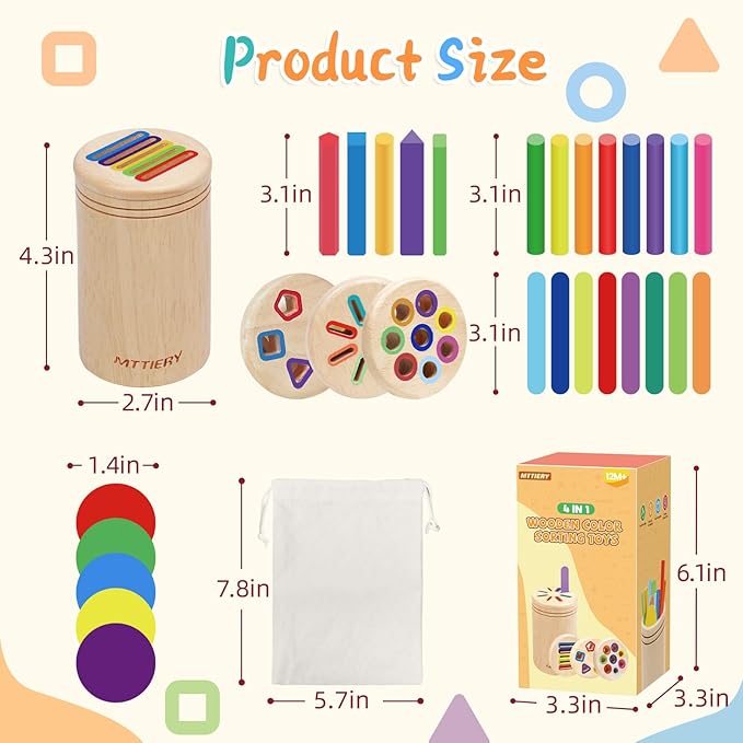 4 in 1 Montessori Toys for 2 3 4 Year Old, Wooden Color Sorting Toys for Toddlers 1-3, Preschool Learning Activities Fine Motor Matching Games, 18 Month Old Gifts for Kids Boys Girls