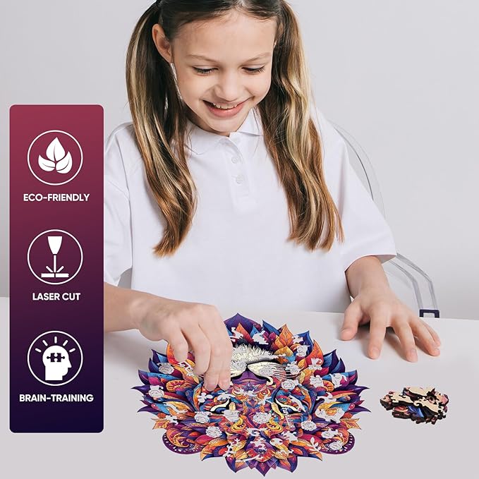 Lion Mandala Wooden Puzzles for Adults 300 Pieces,Unique Irregular Shaped Wooden Jigsaw Puzzles for Adults and Kids,Extra Thick 5MM,Best Gift,13.9x11.7Inch