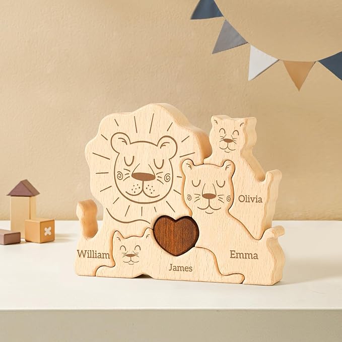 Wooden Lion Family Puzzle, Personalized Puzzles with 2-5 Names, Mothers Day Birthday Gifts for Women Men, Customized Home Decor Housewarming Gifts for Parents Couple Friends