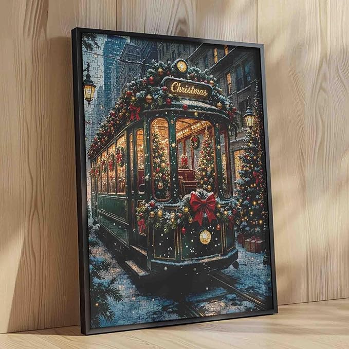 1000 Piece Jigsaw Puzzles for Adult Tram Ride with Xmas Trees Painting Jigsaw Puzzle 1000 Festive Christmas Puzzles 20''x27”inch Cityscape During New Year DIY Puzzle Art Wall Decor Family Challenging