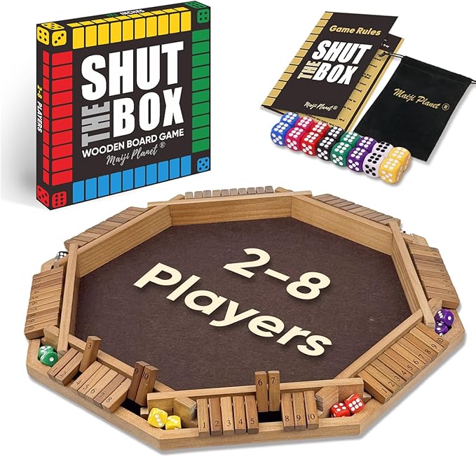 Deluxe 2-8 Player Original Shut The Box Game, Math Dice Board Game for Family Night Classroom Travel, Wooden Classic Table for Group Kid Adult Senior Travel Party Bar Easy Quick and Fun