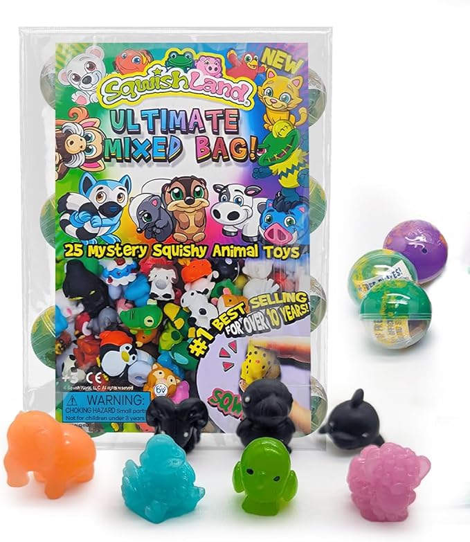 Ultimate Mixed Bag 25ct – Mini Squishy Kids Toys with 25 Mystery Animal Squishies Capsules, Desk Toys & Toppers for Pencil Erasers, Ideal Fidget Party Favors for Kids & Birthday Bulk Gifts